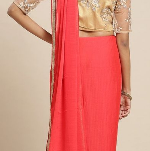 Red Chiffon Saree with Golden Border (India) - Picture 3 of 6